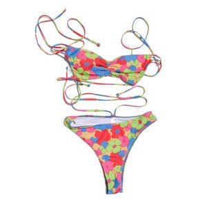 Vibrant Floral Print Bikini Set - Retro Flower Design